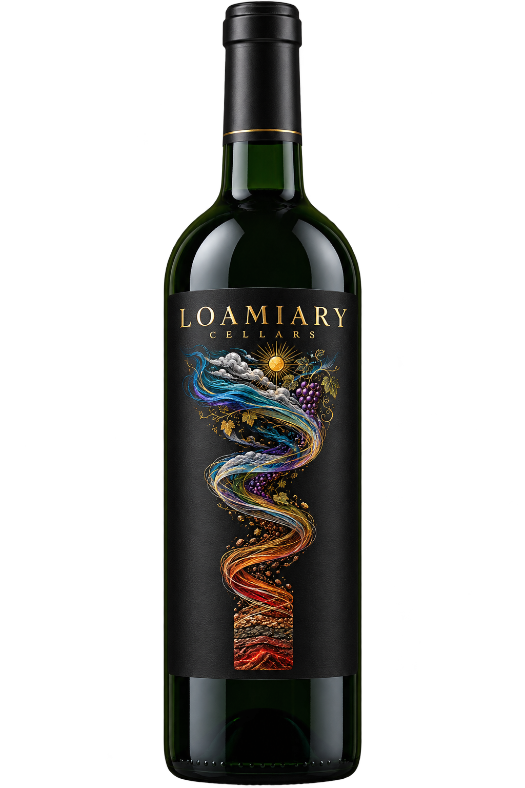 Loamiary red-wine bottle with a dark Terroir Helix label