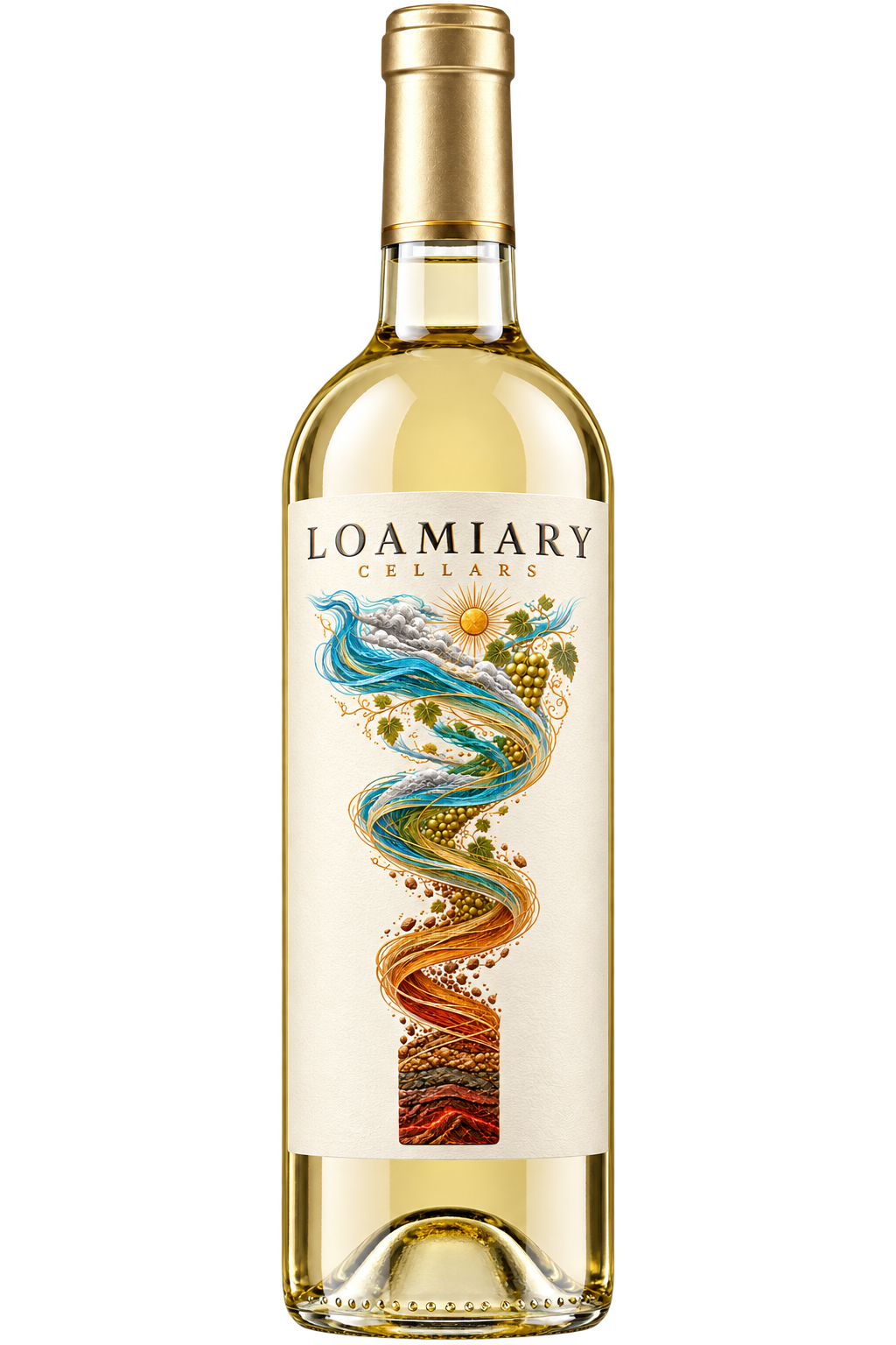 Loamiary white-wine bottle with an ivory Terroir Helix label and champagne-gold capsule
